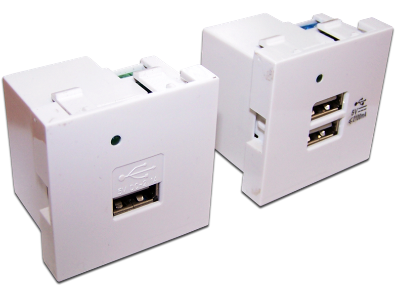 Модуль USB-зарядки, 2 порта, без шторки, 2.1A/5V, 45x45, белый