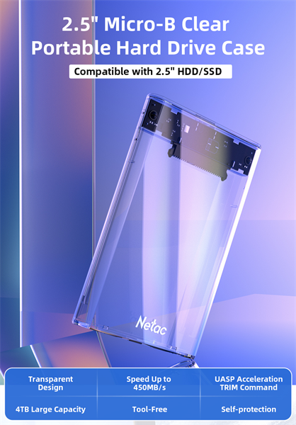 Netac WH11 2.5 SATA to USB3.0 External HDD/SSD Case, Slide Transparent Cover, with USB3.0 A to B cable