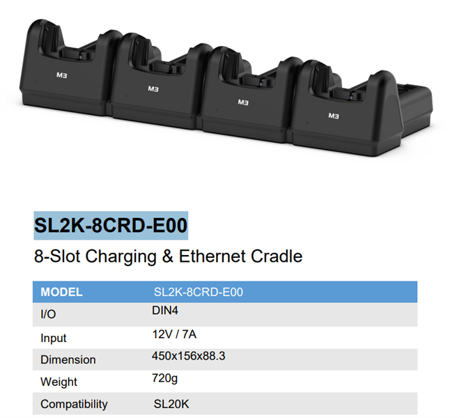 M3 Mobile ASSY: SL20K 8 slot charging Ethernet cradle for 4xdevice 4xspare battery. Requires power supply (UNIV-PWSP-8XX; sold separately)