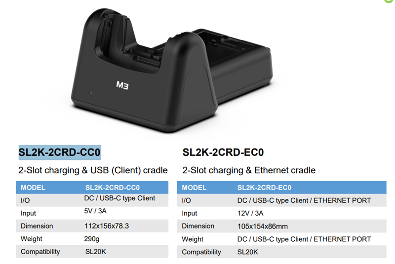 M3 Mobile ASSY: SL20K 2-Slot charging USB(Client) cradle for 1xSL20K 1xSL20K spare battery. Requires power supply (SL20-PWSP-2EU sold separately)