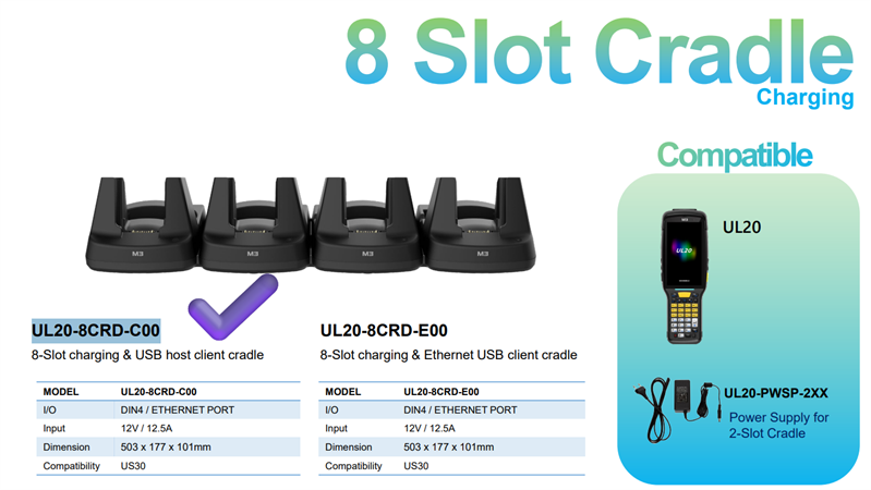 M3 Mobile ASSY: UL20/UL30 8-Slot charging only cradle for 4x UL20 & 4x UL20 spare battery. Requires power supply (UL20-PWSP-8XX; sold separately)