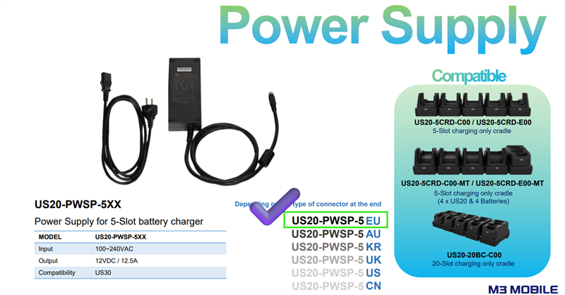 M3 Mobile ASSY: US20/US30 PSU 100~240VAC, 12VDC, 12.5A. Provides power to the 5 slot cradle for US20 and the 8 slot cradle for UL20. Includes EU power cord.