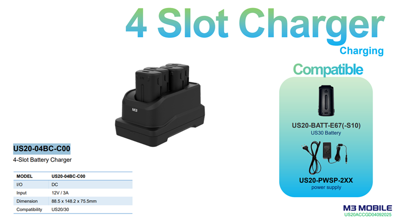 M3 Mobile ASSY: US20/US30 M3 Battery charging station for US20, 4 Slot?Battery Charging Station incl power supply US20-PWSP-2XX