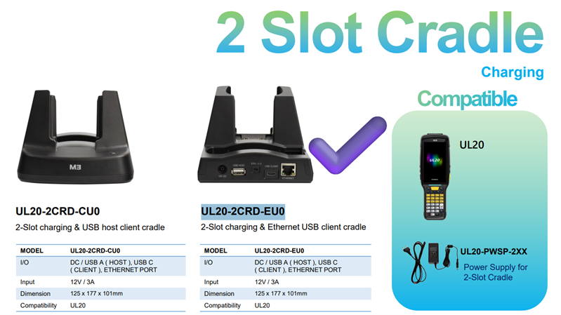 M3 Mobile ASSY: UL20/UL30 2-Slot charging & Ethernet USB host client cradle for 1xUL20 & 1xUL20 spare battery. Requires power supply (UL20-PWSP-2XX; sold separately)