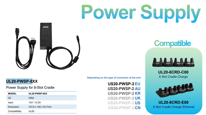 M3 Mobile ASSY: UL20/UL30  PSU 100~240VAC, 12VDC, 12.5A. Provides power to the 8 slot cradle for UL20 and the 5 slot cradle for US20. Includes EU power cord.