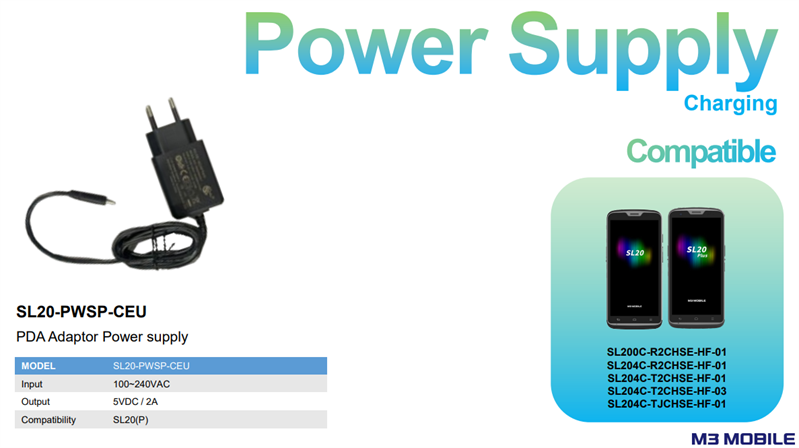 M3 Mobile ASSY: Power supply: 100~240VAC, 5V, 2A USB adaptor, EU plug, USB cable, 1.2M, C to A plug