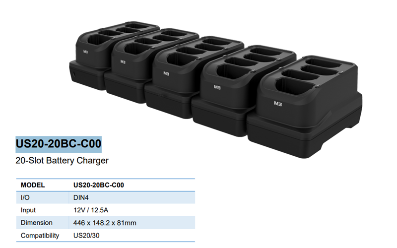 M3 Mobile ASSY: US20/US30 5-Slot charging cradle for 20 Batteries (5 x 4 Slot Battery Charging Station). Requires power supply (US20-PWSP-5XX; sold separately)