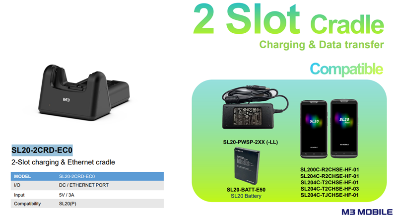 M3 Mobile ASSY: SL20 2-Slot charging Ethernet cradle for 1xSL20 1xSL20 spare battery. Requires power supply PN SL20-PWSP-2EU