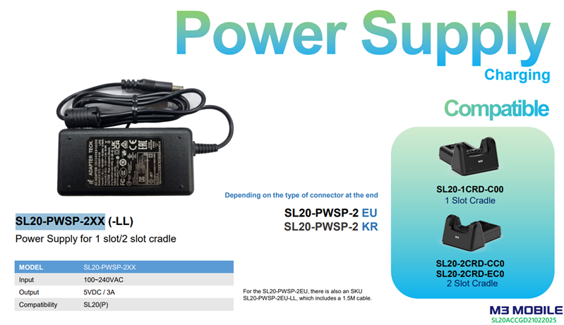 M3 Mobile ASSY: SL20 PSU 100240VAC, 5VDC, 3A. 1.5M cable. Provides power to the 1-slot/2-slot cradle for SL20. Includes EU power cord.