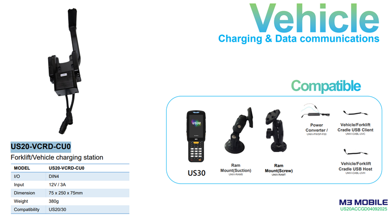M3 Mobile ASSY: US20/US30 USB Host Client Vehicle Cradle. Requires forklift/vehicle mount(UNIV-RAMX), Voltage Power Converter, cable, Auto Adapter and USB