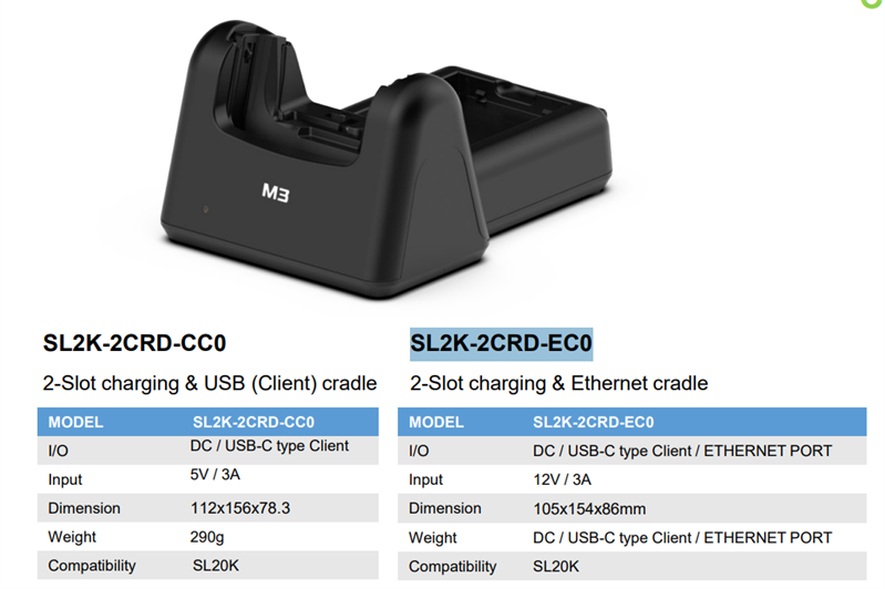 M3 Mobile ASSY: SL20K 2-Slot charging Ethernet cradle for 1xSL20K 1xSL20K spare battery