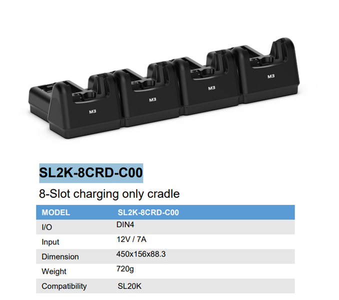 M3 Mobile ASSY: SL20K 8 slot charge only cradle for 4xdevice 4xspare battery. Requires power supply (UNIV-PWSP-8XX; sold separately)