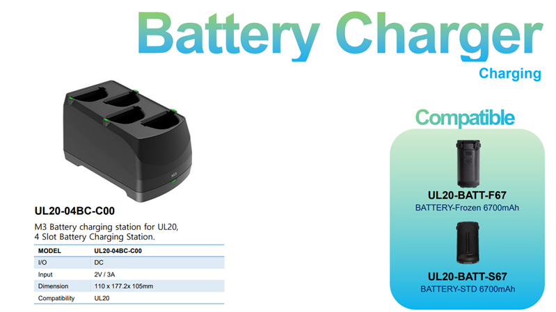 M3 Mobile ASSY: UL20/UL30 Battery charging station, 4 Slot?Battery Charger. Requires power supply (UL20-PWSP-2XX; sold separately)