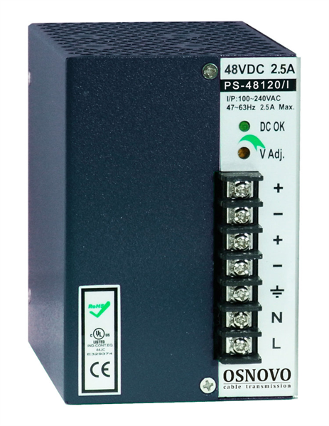 OSNOVO PS-48120/I Промышленный блок питания. DC48V, 2,5A (120W). Диапазон входных напряжений: AC195-265V. КПД: 83%. Регулировка выходного напряжения в диапазоне 44-53V. Защита от короткого замыкания,