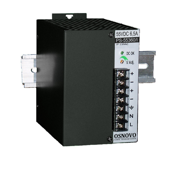 OSNOVO PS-55360/I Промышленный блок питания. DC55V, 6,5A (360W). Диапазон входных напряжений: AC195-265V. КПД: 83%. Регулировка выходного напряжения в диапазоне 50-60V. Защита от короткого замыкания,