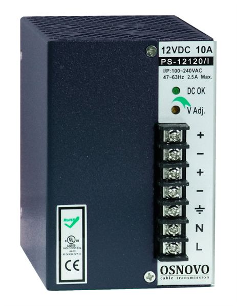 OSNOVO PS-12120/I Промышленный блок питания. DC12V, 10A (120W). Диапазон входных напряжений: AC195-265V. КПД: 80%. Регулировка выходного напряжения в диапазоне 11-13V. Защита от короткого замыкания, п