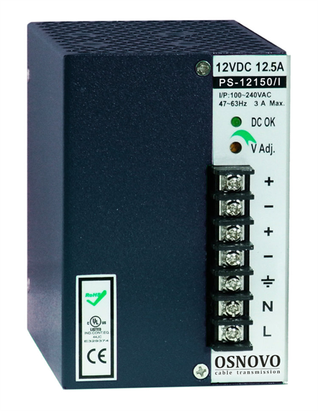 OSNOVO PS-12150/I Промышленный блок питания. DC12V, 12,5A (150W). Диапазон входных напряжений: AC195-265V. КПД: 80%. Регулировка выходного напряжения в диапазоне 11-13V. Защита от короткого замыкания,