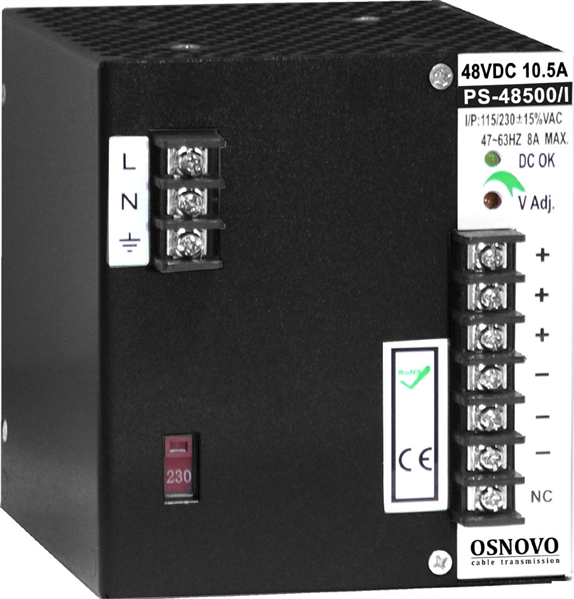 OSNOVO PS-48500/I Промышленный блок питания. DC48V, 10,5A (500W). Диапазон входных напряжений: AC195-265V. КПД: 85%. Регулировка выходного напряжения в диапазоне 44-53V. Защита от короткого замыкания,