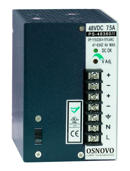 OSNOVO PS-48360/I Промышленный блок питания. DC48V, 7,5A (360W). Диапазон входных напряжений: AC195-265V. КПД: 83%. Регулировка выходного напряжения в диапазоне 44-53V. Защита от короткого замыкания,