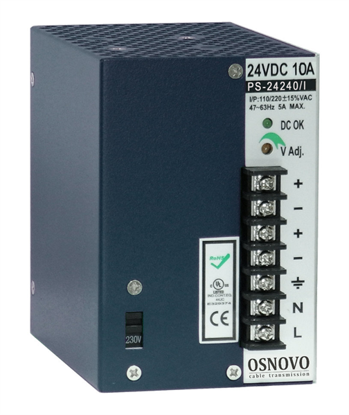 OSNOVO PS-24240/I Промышленный блок питания. DC24V, 10A (240W). Диапазон входных напряжений: AC195-265V. КПД: 82%. Регулировка выходного напряжения в диапазоне 22-26V. Защита от короткого замыкания, п