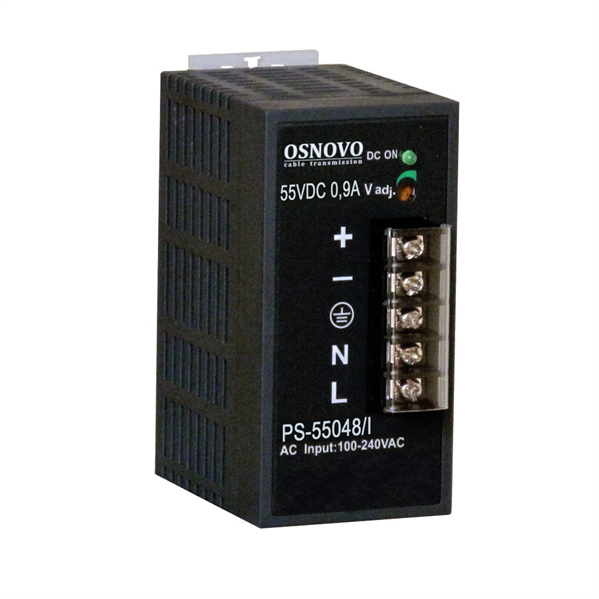OSNOVO PS-55048/I Промышленный блок питания. DC55V, 0,9A (48W). Диапазон входных напряжений: AC195-265V. КПД: 83%. Регулировка выходного напряжения в диапазоне 50-60V. Защита от короткого замыкания, п