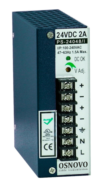 OSNOVO PS-24048/I Промышленный блок питания. DC24V, 2A (48W). Диапазон входных напряжений: AC195-265V. КПД: 82%. Регулировка выходного напряжения в диапазоне 22-26V. Защита от короткого замыкания, пер