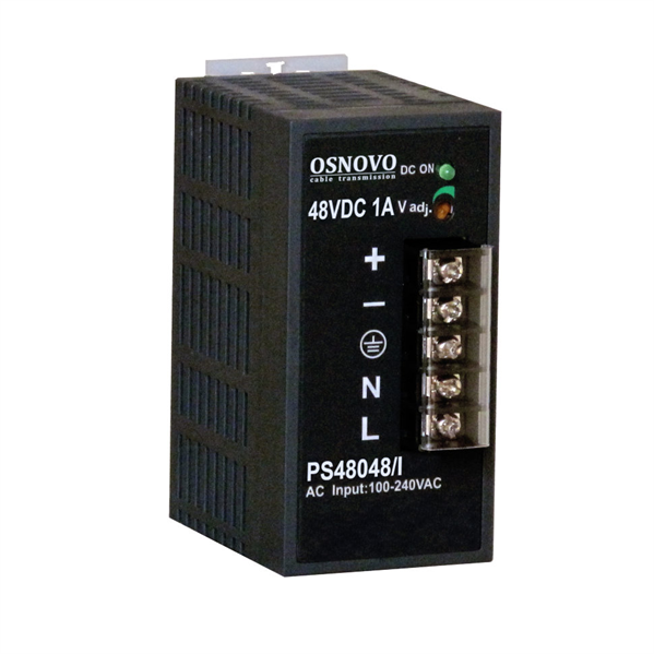OSNOVO PS-48048/I Промышленный блок питания. DC48V, 1A (48W). Диапазон входных напряжений: AC195-265V. КПД: 83%. Регулировка выходного напряжения в диапазоне 45-53V. Защита от короткого замыкания, пер