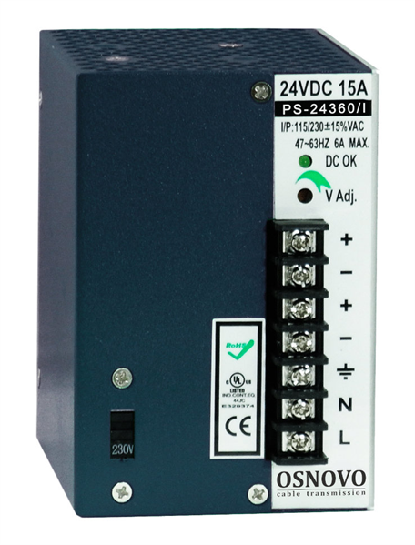 OSNOVO PS-24360/I Промышленный блок питания. DC24V, 15A (360W). Диапазон входных напряжений: AC195-265V. КПД: 82%. Регулировка выходного напряжения в диапазоне 22-26V. Защита от короткого замыкания, п