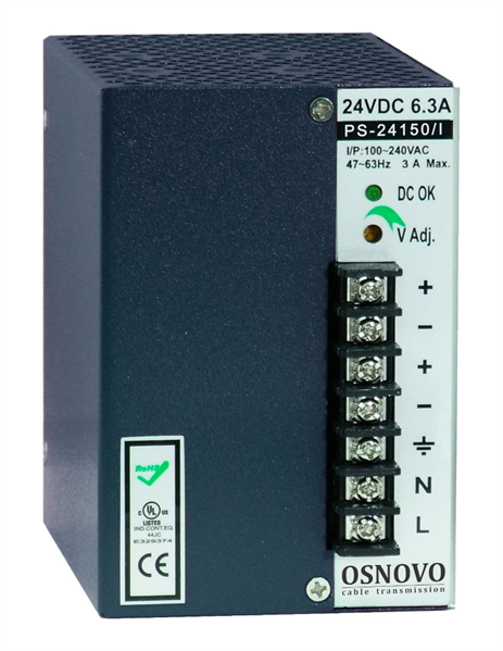 OSNOVO PS-24150/I Промышленный блок питания. DC24V, 6,3A (150W). Диапазон входных напряжений: AC195-265V. КПД: 82%. Регулировка выходного напряжения в диапазоне 22-26V. Защита от короткого замыкания,