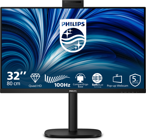31,5" Philips 32B2U3601H 2560x1440, WLED, 16:9, IPS, 350cd, 1500:1, 50М:1, 4ms, 178/178, HDMI, DP,USB-hub 4хUSB 3.2, USB-C(PD90W), RJ45, 100Hz, Speakers, Webcam, Tilt, HAS, Swivel, Pivot, Internal, VE