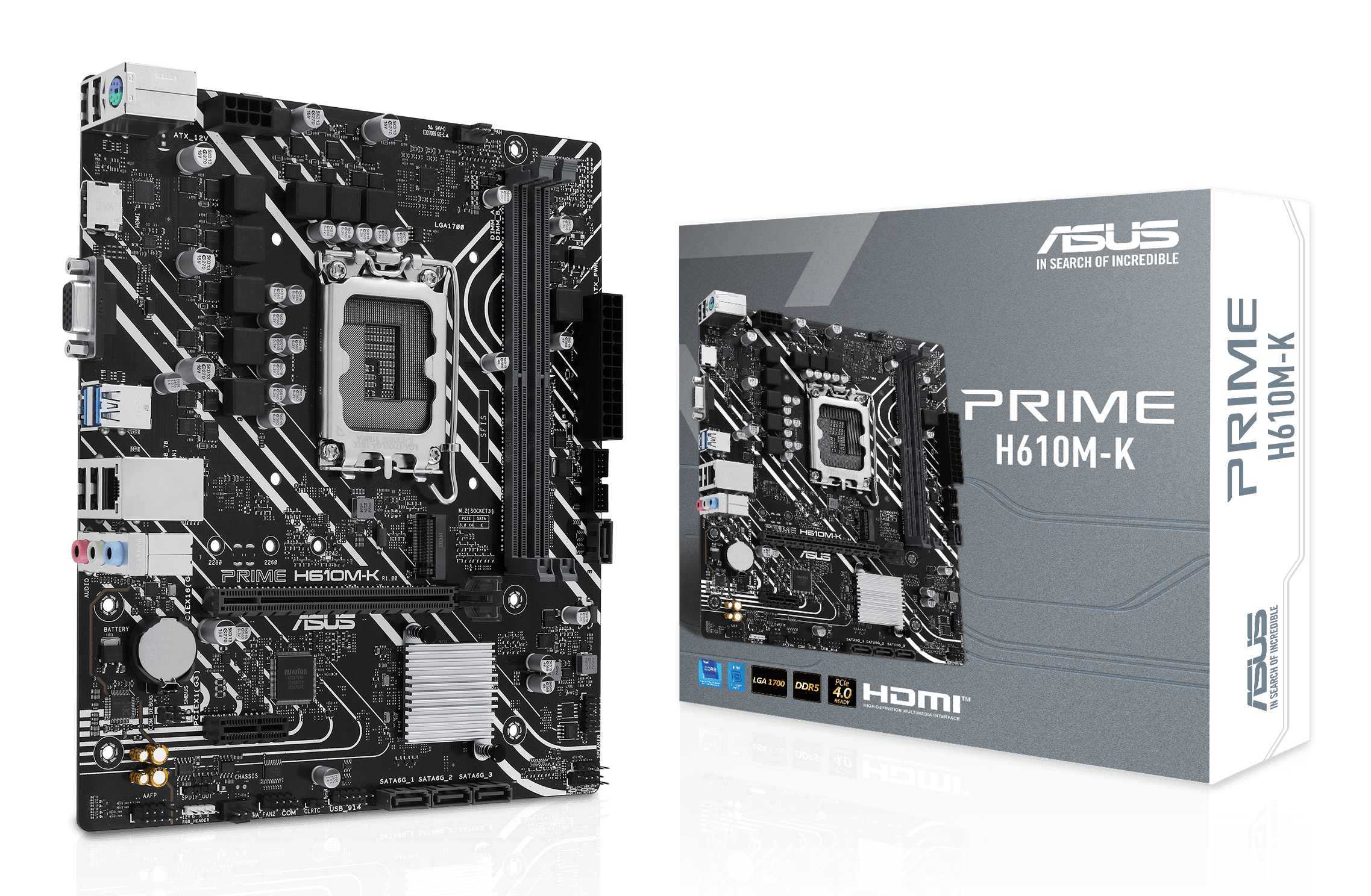 ASUS PRIME H610M-K, LGA1700, H610, 2*DDR5, 4*SATA, 1*M.2, 2*USB 3.2, 4*USB 2.0, 1*PCIx16, 1*PCIx1, HDMI+VGA, mATX; 90MB1GA0-M0EAY0