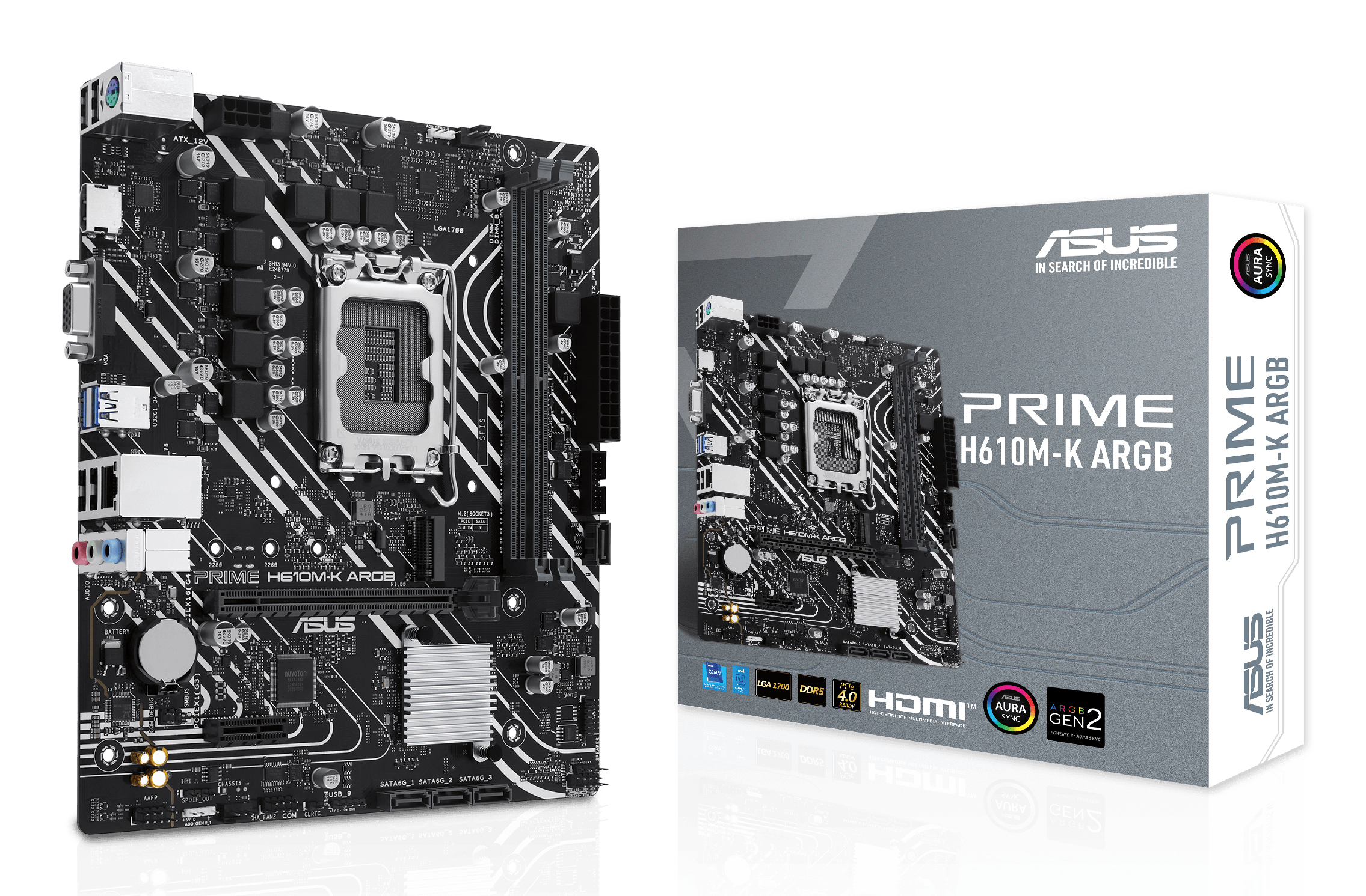 ASUS PRIME H610M-K ARGB, LGA1700, H610, 2*DDR5, 2*DDR5, 4*SATA, 1*M.2, 2*USB 3.2, 4*USB 2.0, 1*PCIx16, 1*PCIx1, VGA+HDMII, mATX