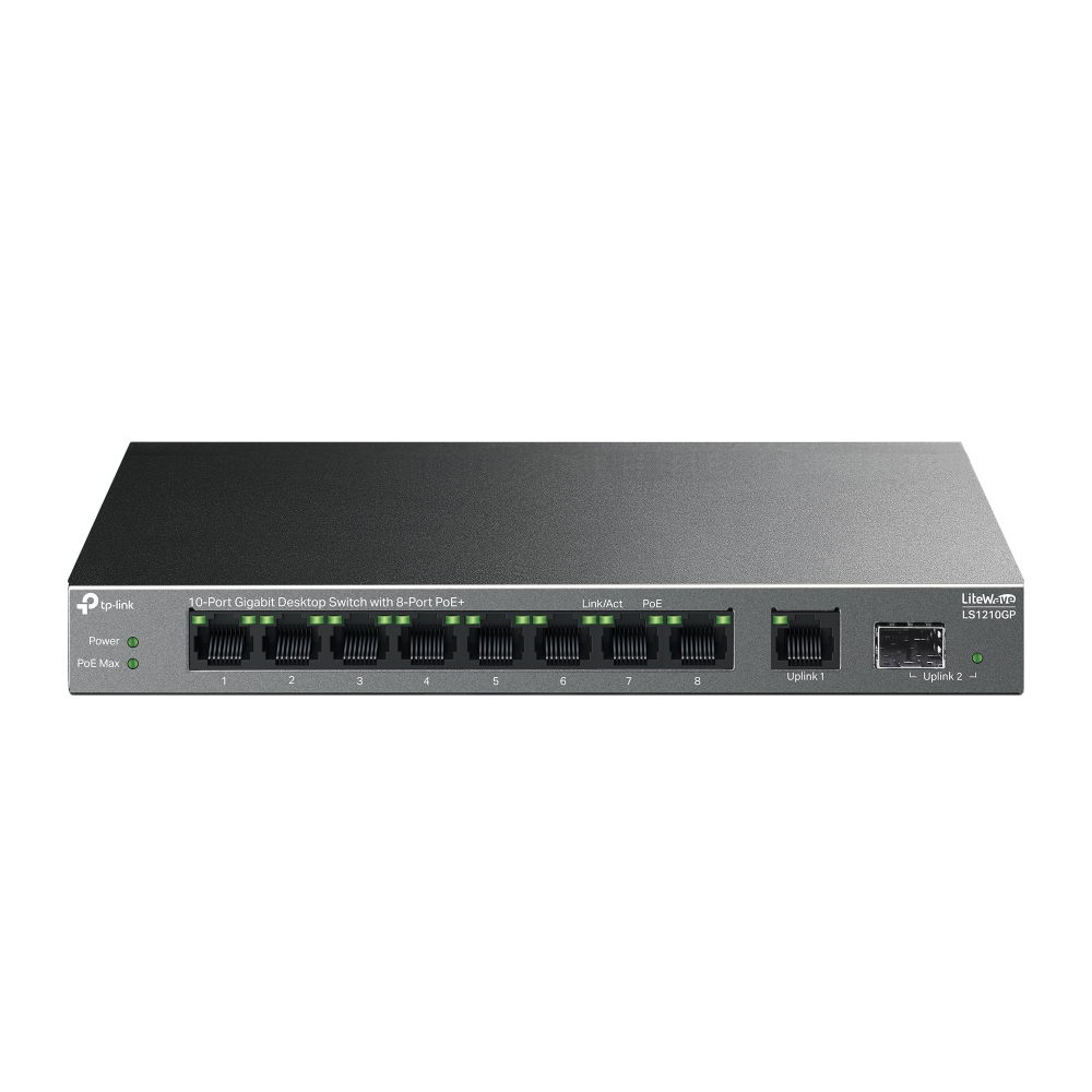 TP-Link LS1210GP, 10-Port Gigabit Desktop Switch with 8-Port PoE+, 61 Вт, 250 m