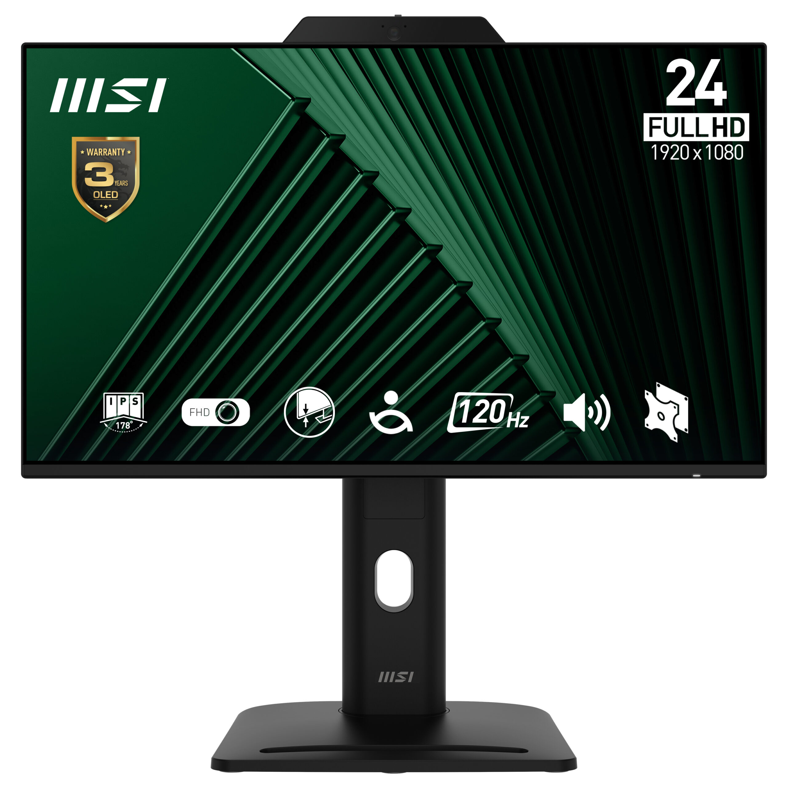 MSI PRO MP242PMG 23.8" 16:9 FHD(1920x1080) IPS Flat,Webcam,1ms(MPRT),1500:1,100M:1,300nit,1xHDMI,1xDP,1xVGA,2xUSB-A,1xUSB-B,Speaker,Tilt,Swivel,Height,Pivot,VESA,120Hz,Black,1y war-ty