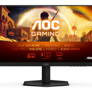 23,8" AOC Gaming 1920x1080 WLED 16:9 IPS 300cd, 1000:1, 80M:1, 1ms, 178°/178°, HDMI, DP, 180Hz, Tilt, VESA, Internal, Black, 3y