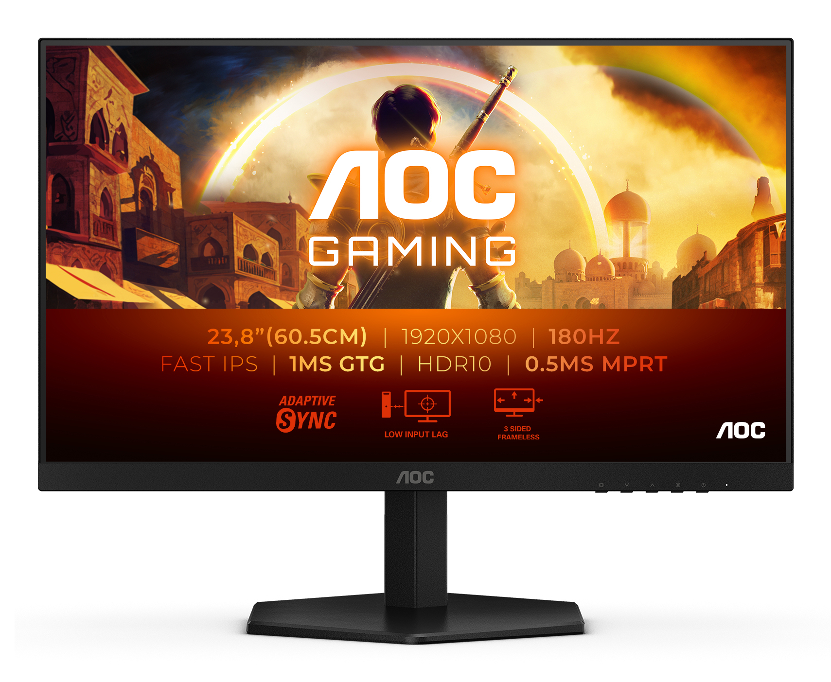 23,8" AOC Gaming 1920x1080 WLED 16:9 IPS 300cd, 1000:1, 80M:1, 1ms, 178°/178°, HDMI, DP, 180Hz, Tilt, VESA, Internal, Black, 3y