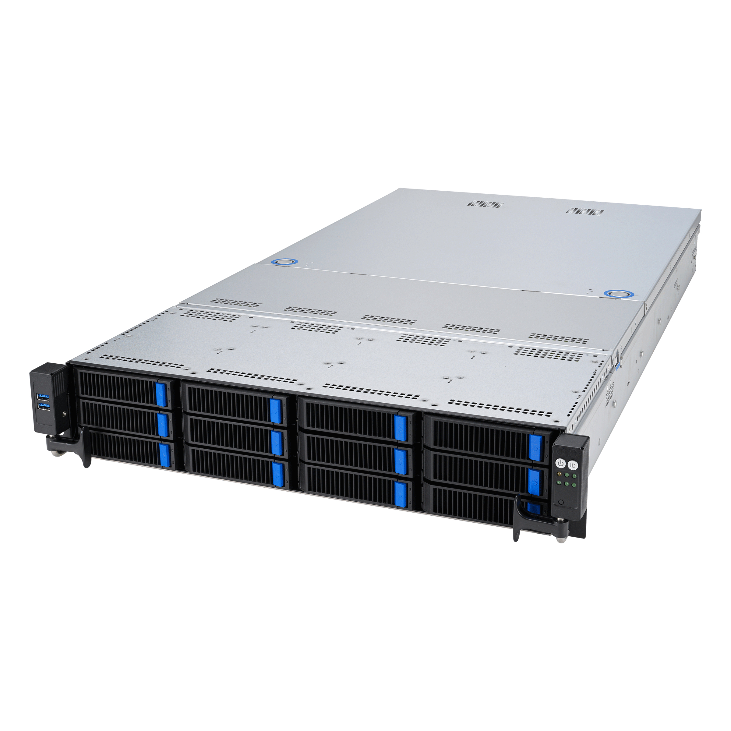 ASUS RS521A-E12-RS12U: 2U, 1x AMD EPYC 9004/9005 SP5, 24x DDR5 RDIMM, 12x NVMe, 2x rear 2.5 SATA, 2x PCIe x16 FHFL or 4x PCIe x8, 1x PCIe x16 LP, 1x OCP 3.0, up to 2x dual-slot GPU, 2x 1600W PSU