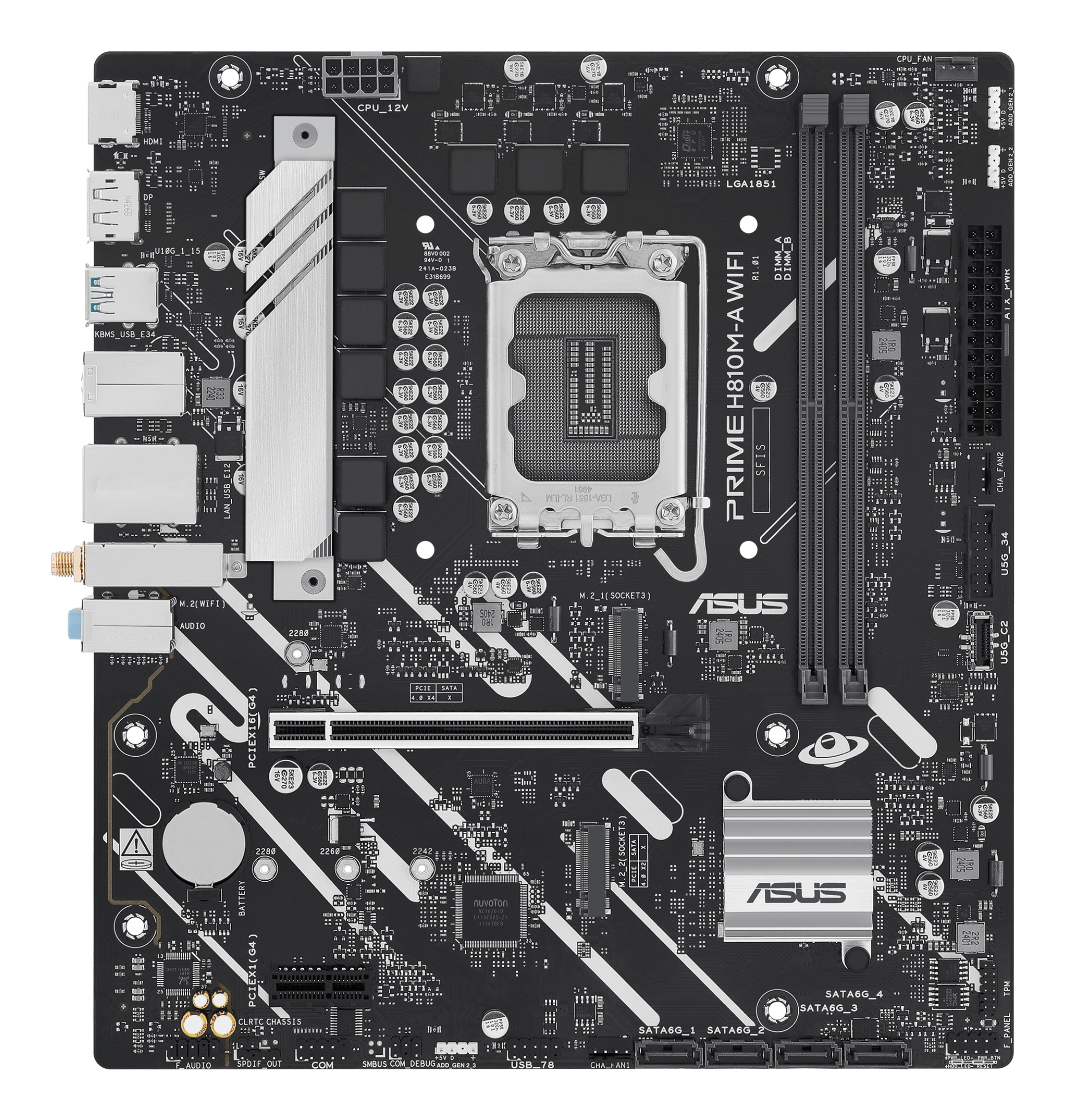 ASUS PRIME H810M-A WIFI, LGA1851, H810, 2*DDR5, 4*SATA, 2*M.2, 2*USB 3.2, 4*USB 2.0, 1*PCIx16, 1*PCIx1, HDMI+DP, mATX; 90MB1KJ0-M0EAY0