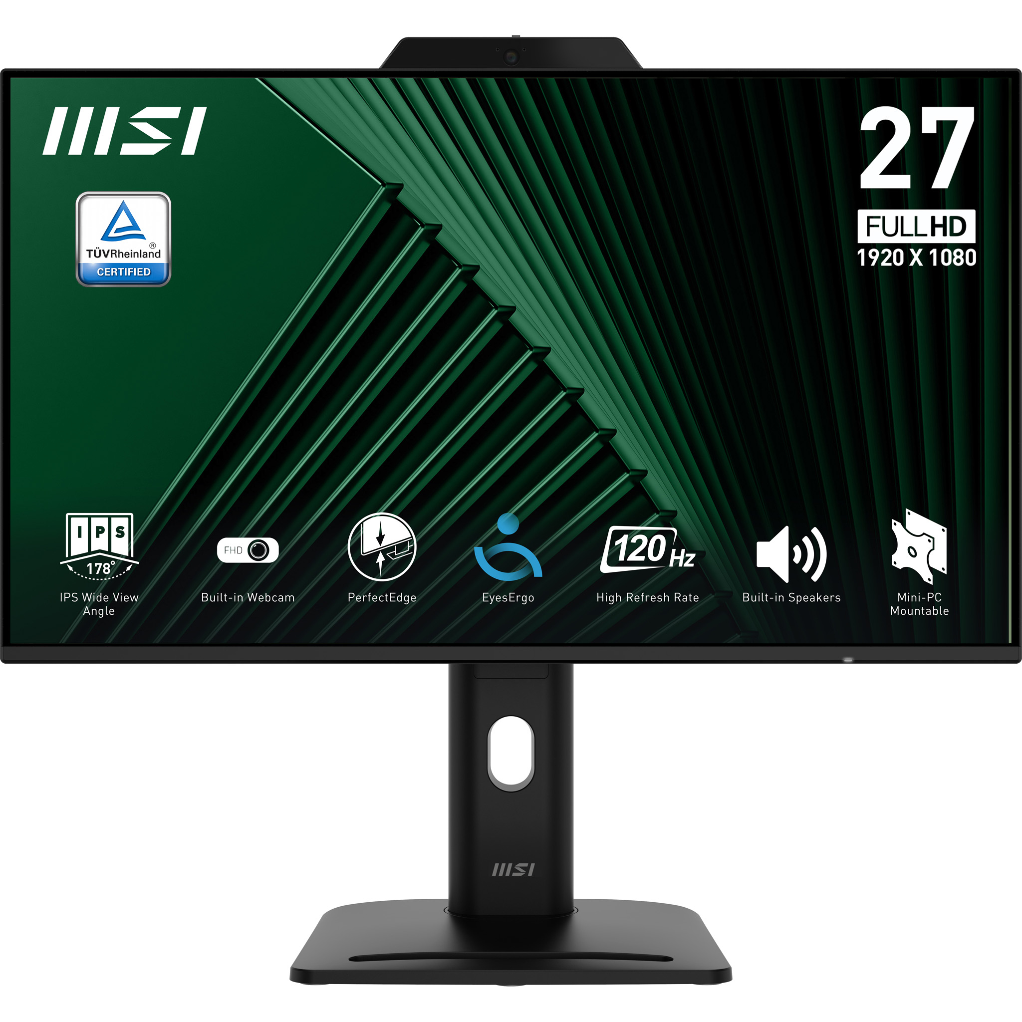 MSI PRO MP272PMG 27" 16:9 FHD(1920x1080) IPS Flat,Webcam,4ms(GTG),1500:1,100M:1,300nit,1xHDMI,1xDP,1xVGA,2xUSB-A,1xUSB-B,Speaker,Tilt,Swivel,Height,Pivot,VESA,120Hz,Black,1y war-ty