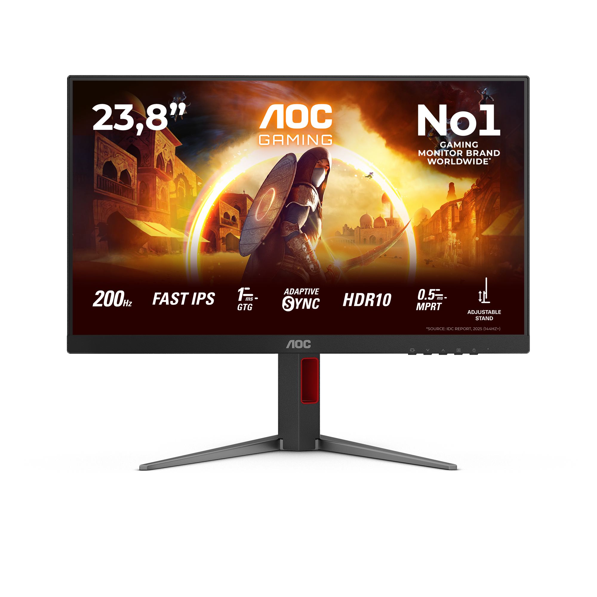 23,8" AOC Gaming 1920x1080 WLED 16:9 IPS 300cd, 1000:1, 80M:1, 1ms, 178°/178°, 2xHDMI, DP, 200Hz, Speakers, Tilt, Height, Swivel, Pivot, VESA, Internal, Black/Red, 3y