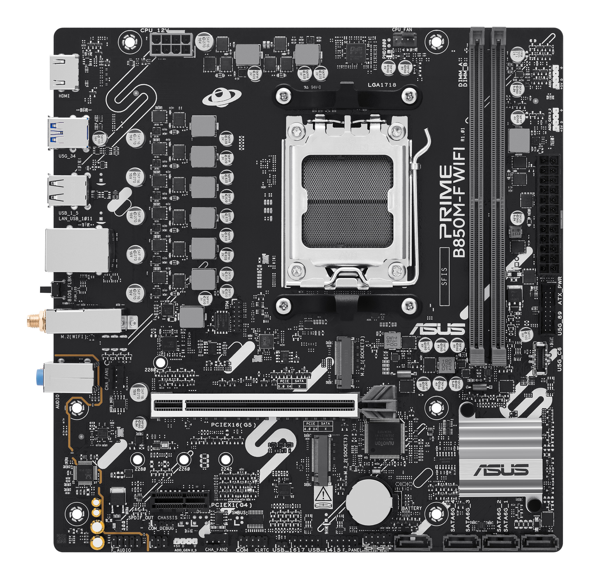 ASUS PRIME B850M-F WIFI, AM5, B850, 2*DDR5, 4*SATA, 2*M.2, 4*USB 3.2, 4*USB 2.0, 3*PCIx16, 2*PCIx1, DP+HDMI, mATX; 90MB1N80-M0EAY0