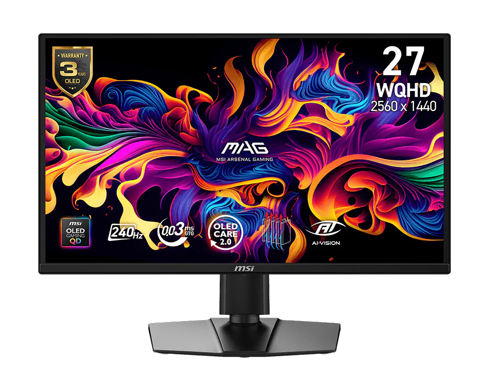 MSI MAG 272QP QD-OLED X24 26,5" 16:9 WQHD(2560x1440) QD-OLED Flat, 0.03ms(GTG), 1,5M:1, HDR Brightness 400nits, 2xHDMI, DP, Type-C, Tilt,Swivel,Height,Pivot,VESA,240Hz,Black,1y w-ty