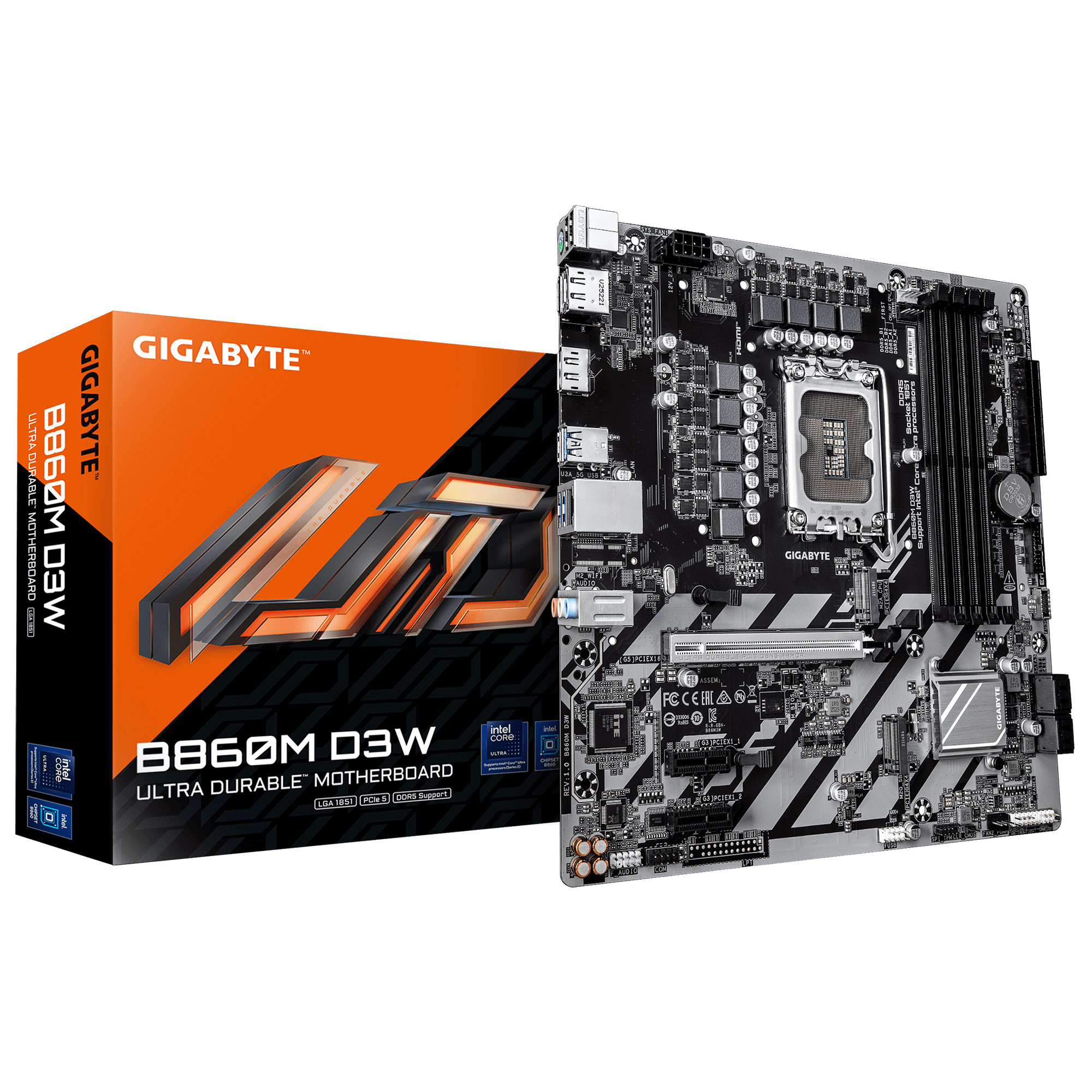 GIGABYTE B860M D3W, LGA1851, B860, 4*DDR5, 4*SATA, 2*M.2, 3*USB 3.2, 3*USB 2.0, 1*PCIx16, 2*PCIx1, 2*DP+HDMI, mATX