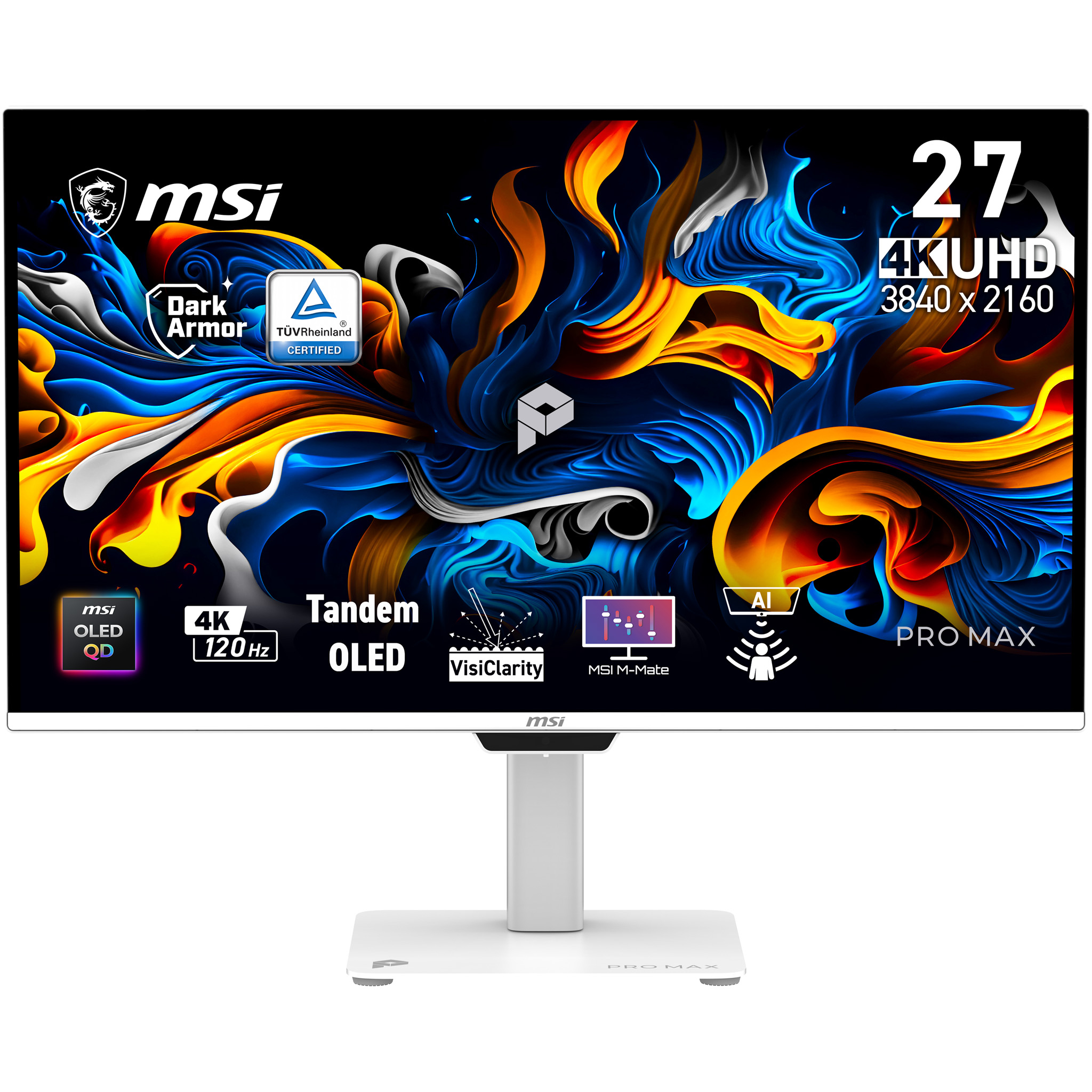 MSI PRO MAX 271UPXW12G 26,5" QD-OLED 16:9 UHD(3840x2160)Flat,0,03ms(GTG),1500:1,250nit,2xHDMI,DP,USB Type-C,Speaker,Tilt,Swivel,Height,Pivot,120Hz,White,1y w-ty