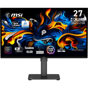 MSI PRO MAX 271UPX12G 26,5" QD-OLED 16:9 UHD(3840x2160) Flat,0,03ms(GTG),1500:1,250nit,2xHDMI,DP,USB Type-C,Speaker,Tilt,Swivel,Height,Pivot,120Hz,Black,1y w-ty