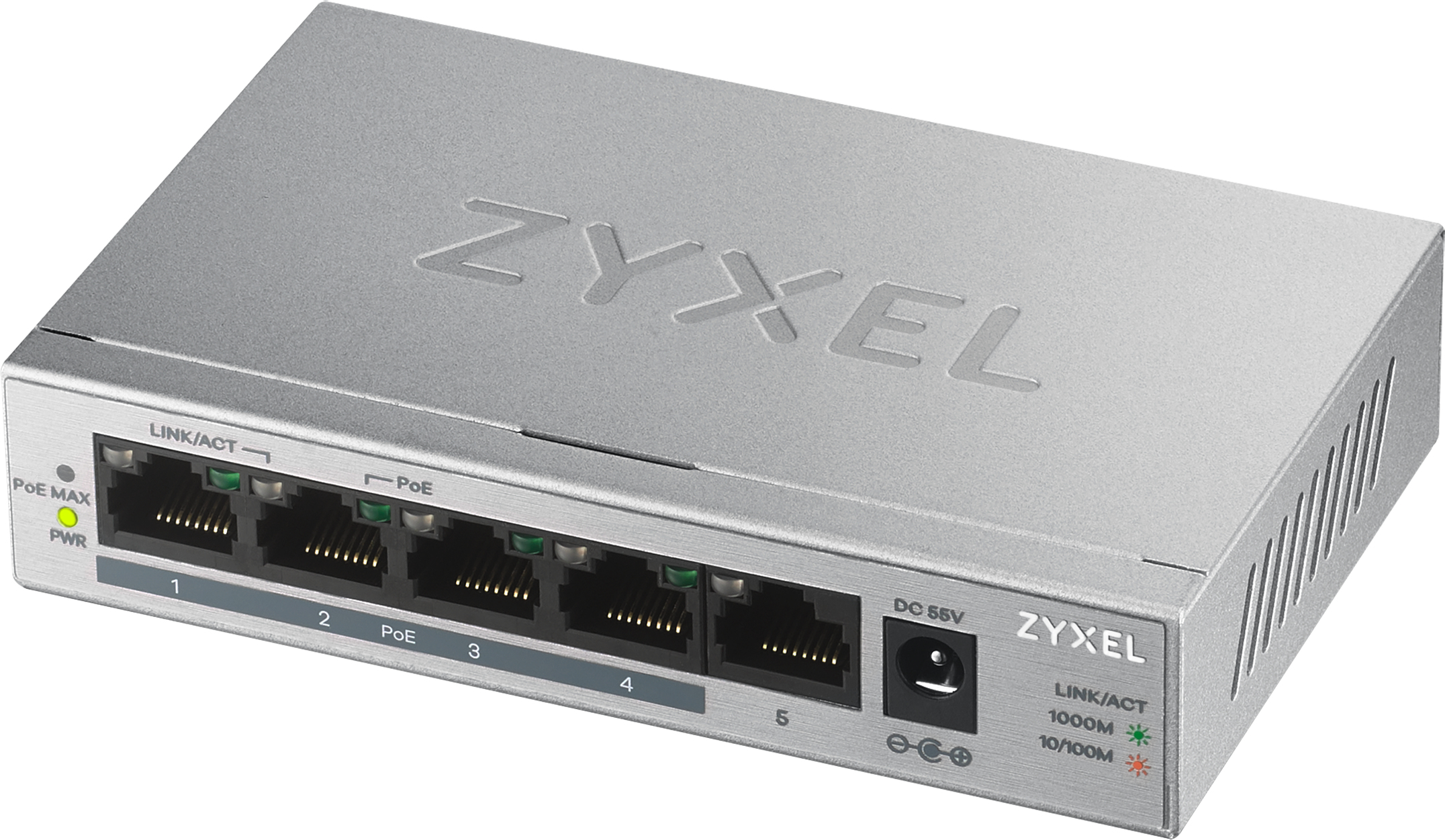 PoE+ Zyxel GS1005HP, 5xGE (4xPoE+), настольный, металлический, бесшумный, бюджет PoE 60 Вт