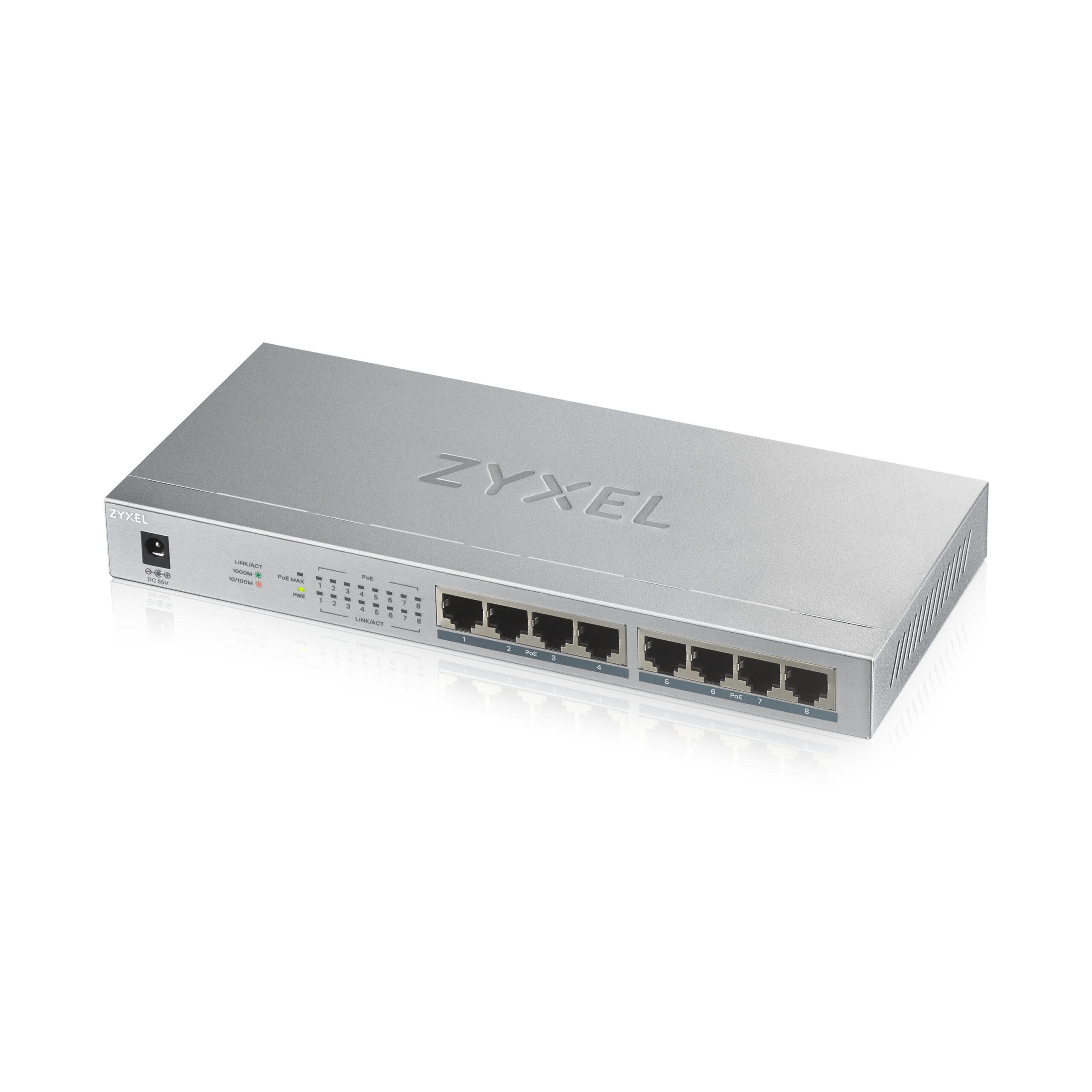 PoE+ Zyxel GS1008HP, 8xGE PoE+, настольный, металлический, бесшумный, бюджет PoE 60 Вт