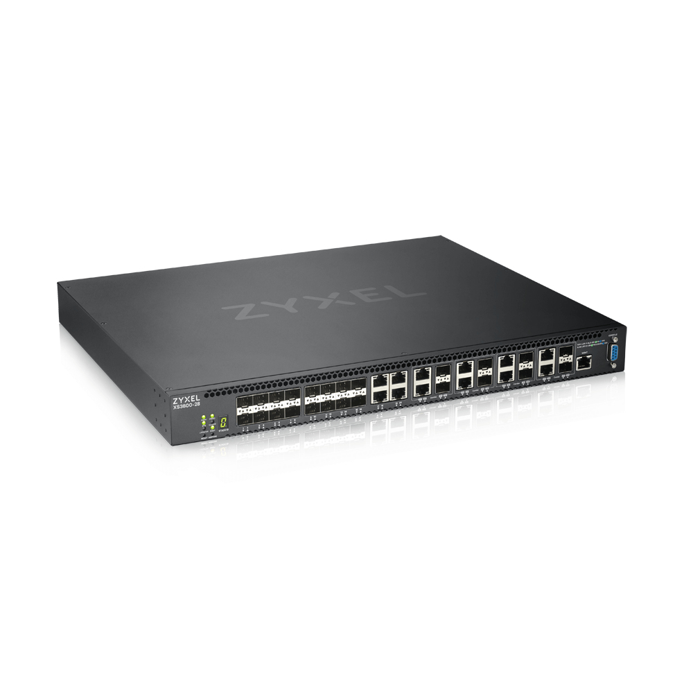 Мультигигабитный L3 Core Zyxel NebulaFlex Pro XS3800-28, rack 19", 4xRJ-45: 1/2,5/5/10G, 8xCombo (SFP: 1/10G, RJ-45: 1/2,5/5/10G), 16xSFP+, стекируемый (до 4), 2 блока питания в комплекте