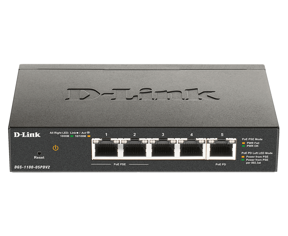 D-Link Настраиваемый L2 PoE-коммутатор, 4х1000Base-T (2x1000Base-T PoE), 1x1000Base-T PD-порт, PoE-бюджет 18 Вт, питание только по PoE