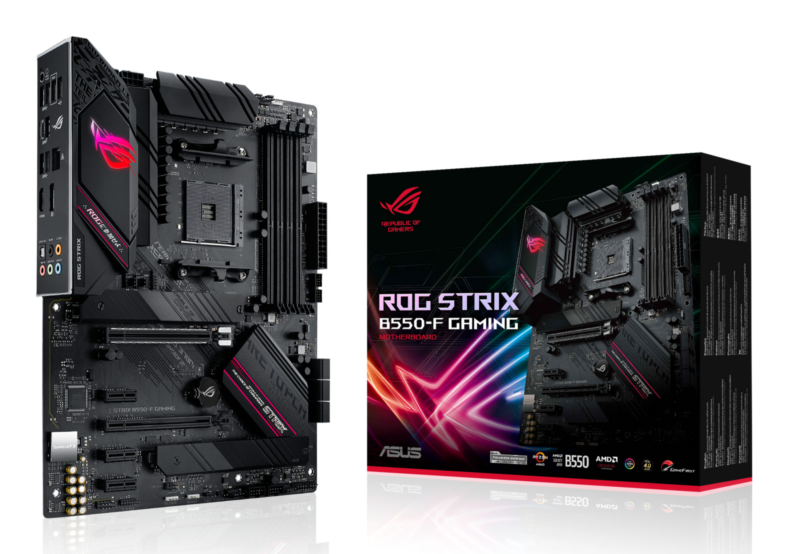 ASUS ROG STRIX B550-F GAMING, Socket AM4, B550, 4*DDR4, HDMI+DP, CrossFireX, SATA3 + RAID, Audio, 2,5Gb LAN, USB 3.2*6, USB 2.0*8, ATX ; 90MB14S0-M0EAY0
